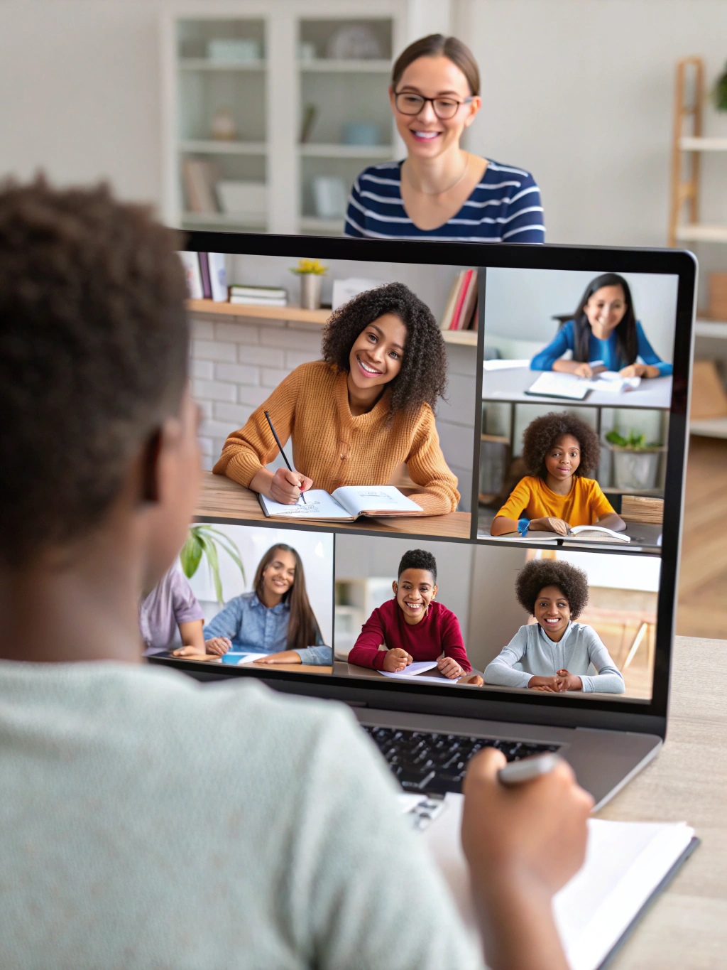 Illustration of an online-only teaching and learning community collaborating in a virtual classroom